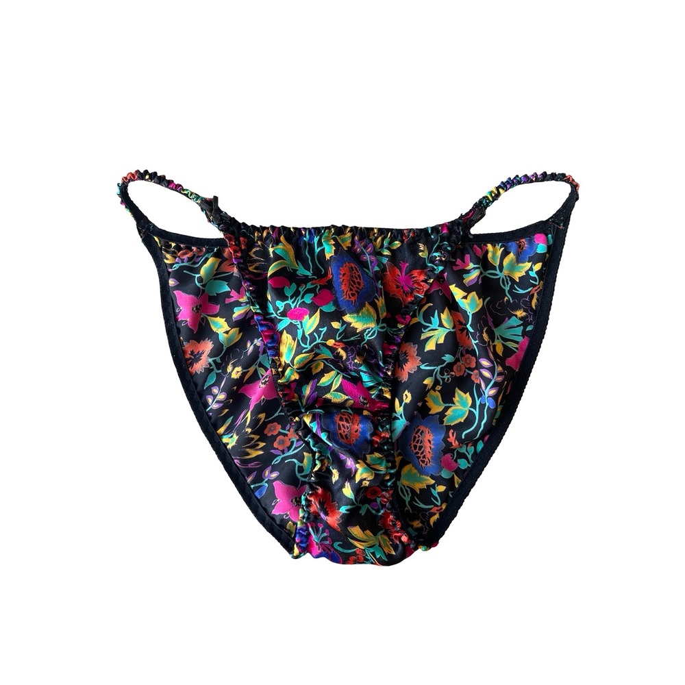 Vintage 90s Vibrant Floral High Cut String Bikini Panties Black Satin Finish M/6